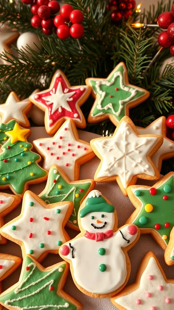 A variety of decorated Christmas cookies on a table, showcasing festive designs and colors.